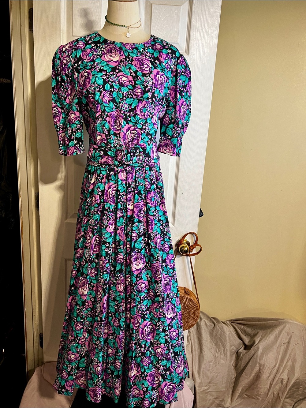 SL Fashions Vtg‎ 90s Floral Belted Pleated Puff Sleeve Fit&Flare Maxi Dress 12